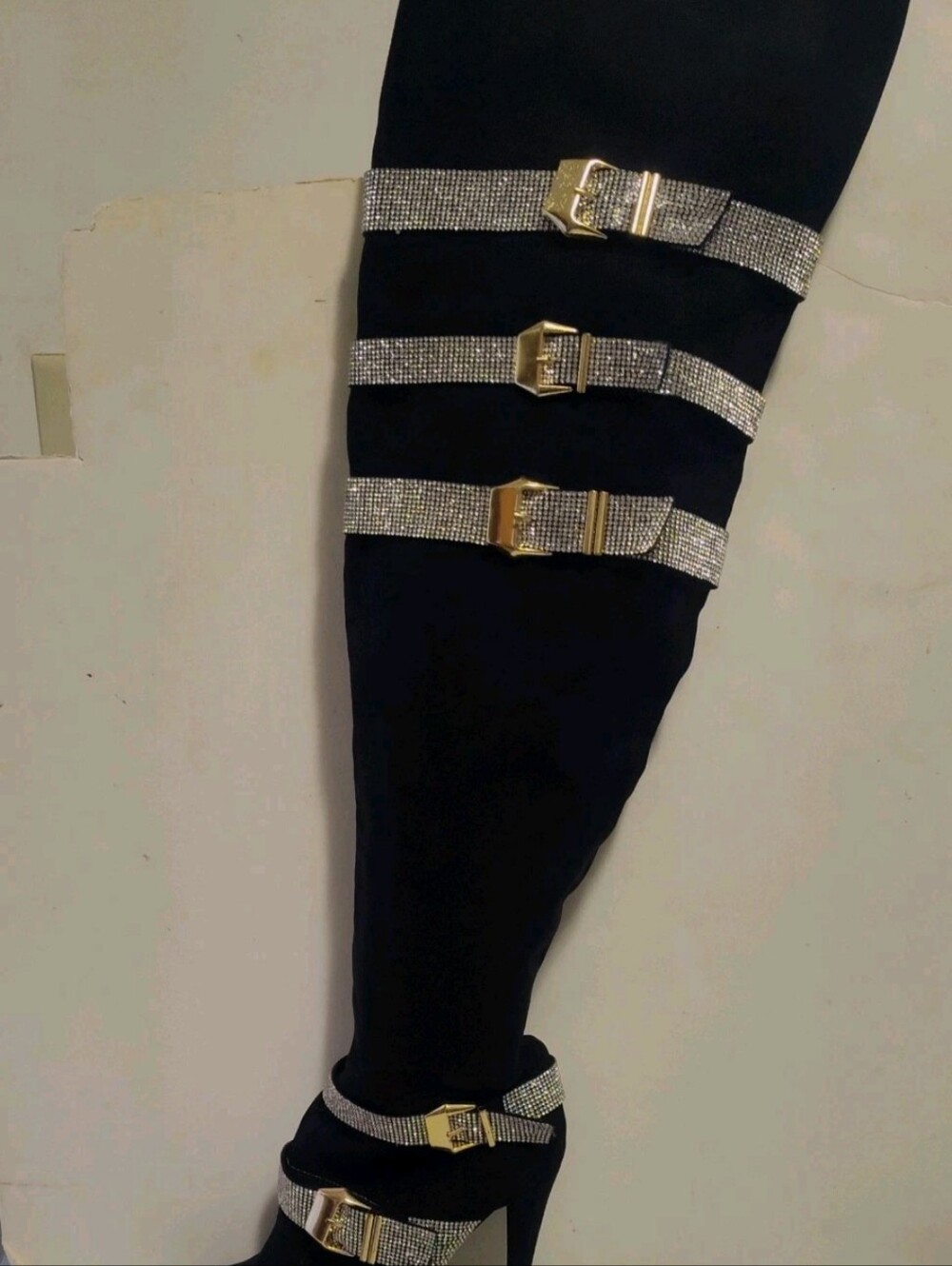 Shoedazzle Black Suede Knee High Boots With Rhinestone Buckle Accents Sz 10